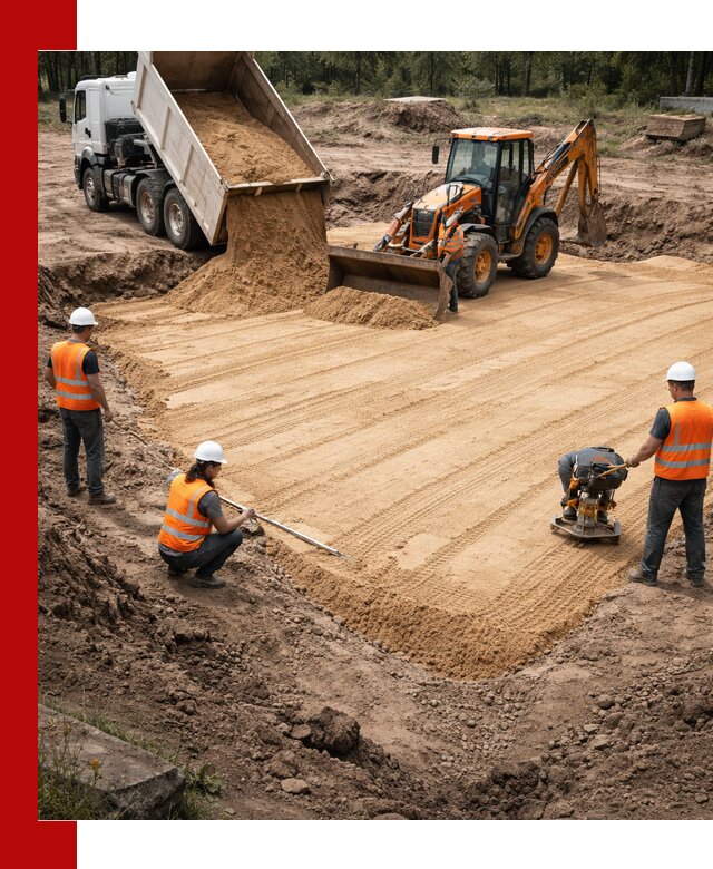 Устройство песчаной подушки для фундаментов и дорог в Красноярске